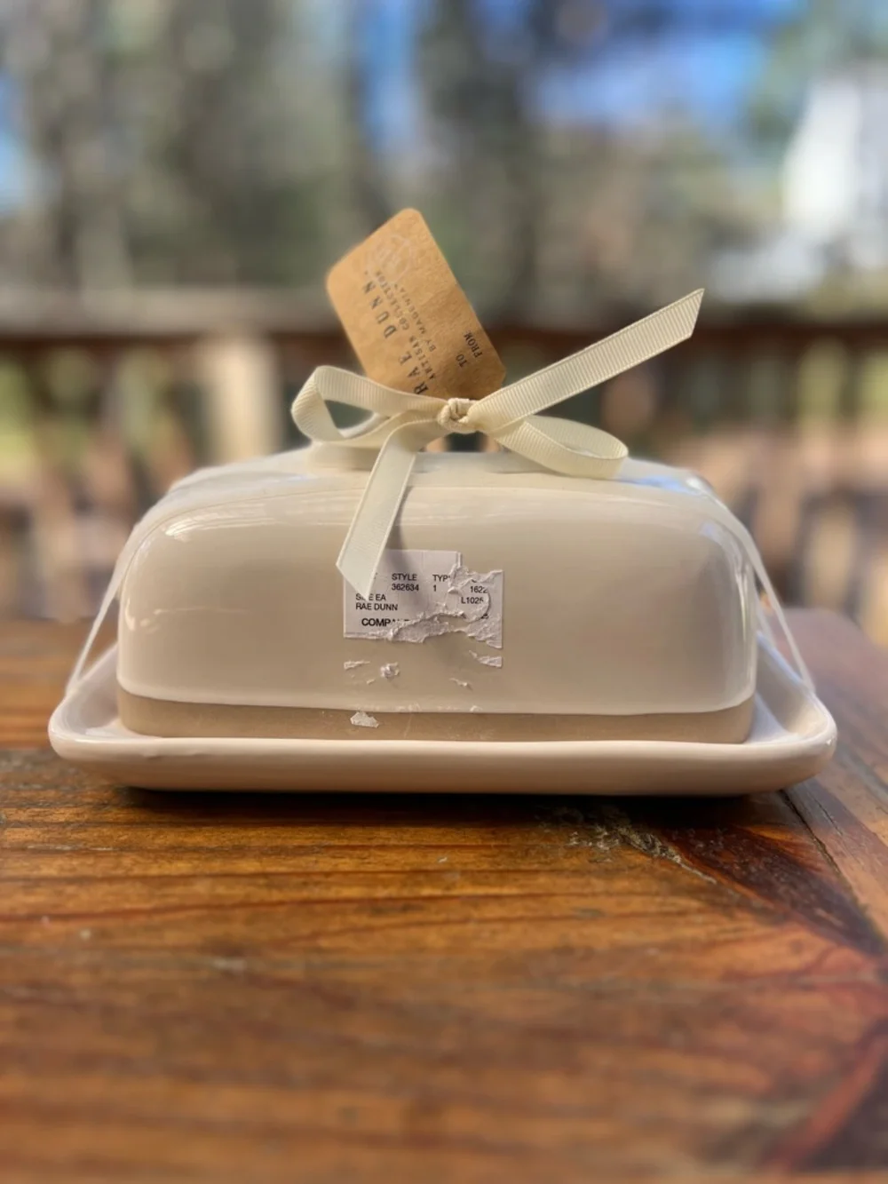 RAE DUNN White and Tan Stripe Black Letters Covered Ceramic Butter Dish NWT NEW